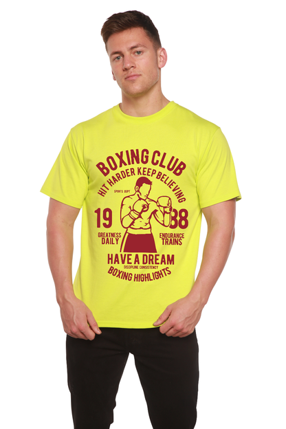 Boxing Club men's yellow bamboo viscose organic cotton graphic tee with red boxing print on Tampa Home & Garden Store