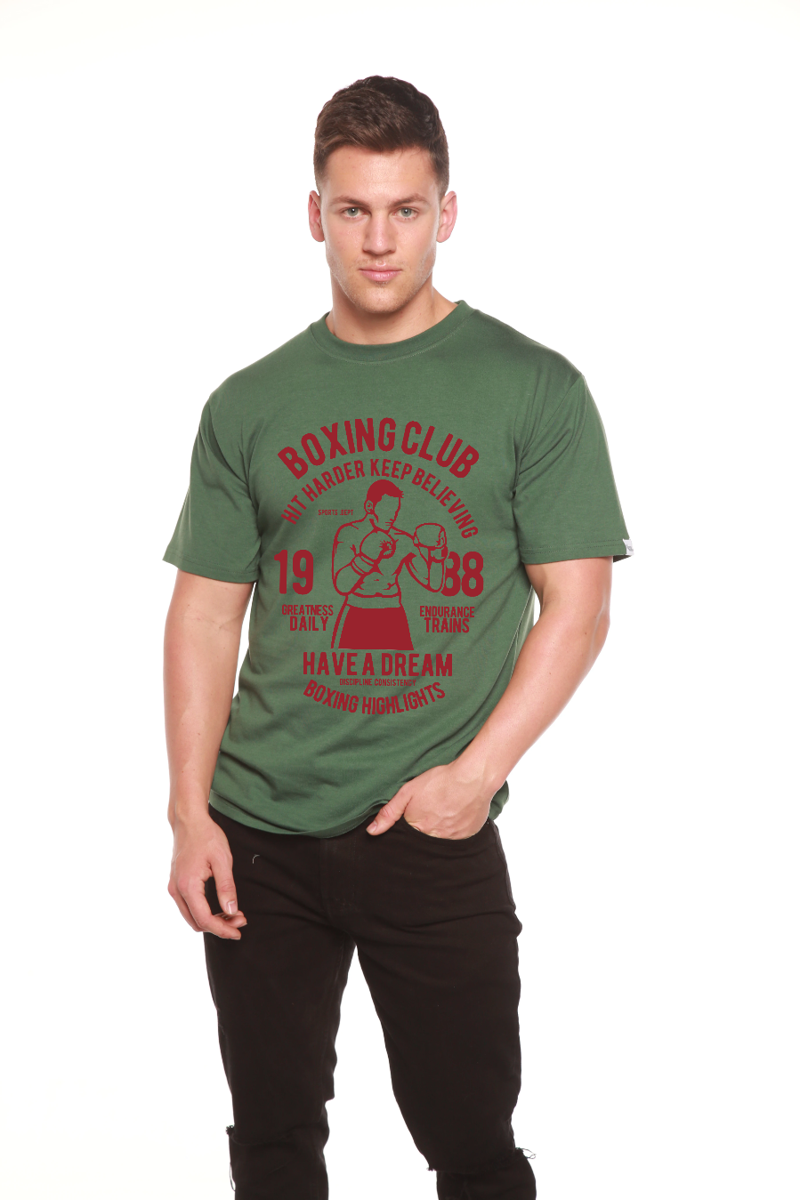 Boxing Club men's green short sleeve bamboo viscose organic cotton graphic tee Spun Bamboo on Tampa Home & Garden Store