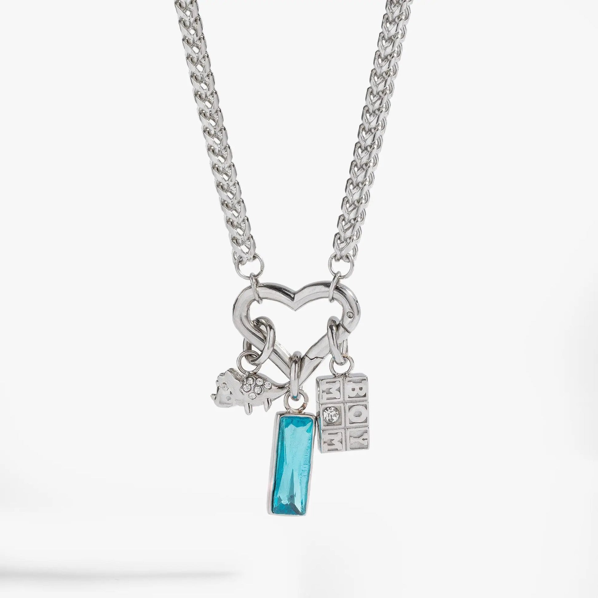 Boy Mom Interchangeable Charm Necklace silver chain blue crystal pendant and letter blocks on Tampa Home & Garden Store