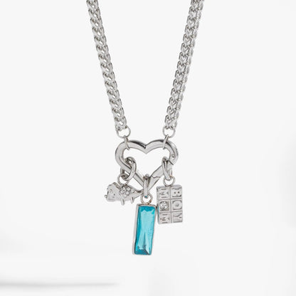 Boy Mom Interchangeable Charm Necklace silver chain blue crystal pendant and letter blocks on Tampa Home & Garden Store