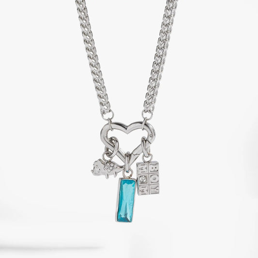 Boy Mom Interchangeable Charm Necklace silver chain blue crystal pendant and letter blocks on Tampa Home & Garden Store