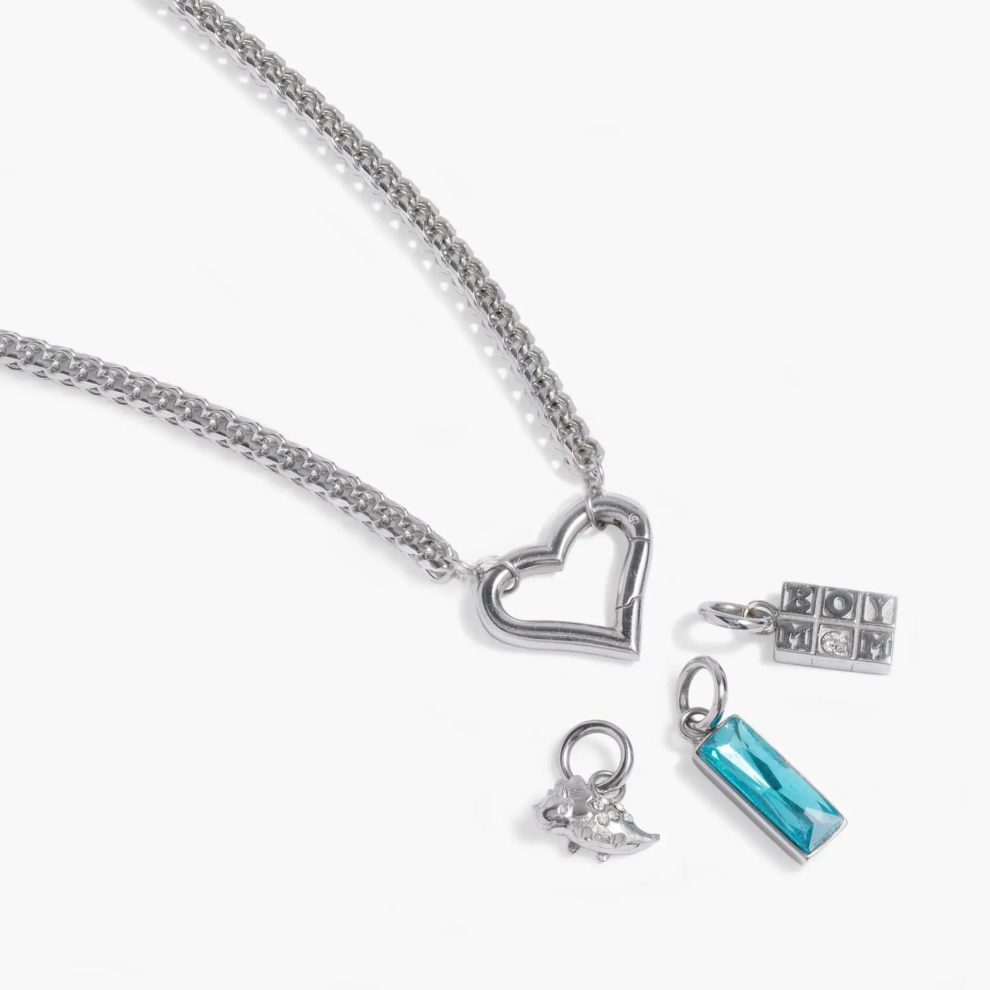 Boy Mom Charm Necklace by Alex and Ani, silver-tone chain with blue gemstone and Mom blocks on Tampa Home & Garden Store