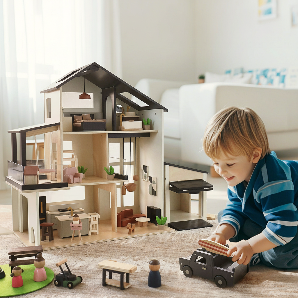 Tiny Land INC wooden dollhouse garage with multi-level interior and miniature furniture on Tampa Home & Garden Store