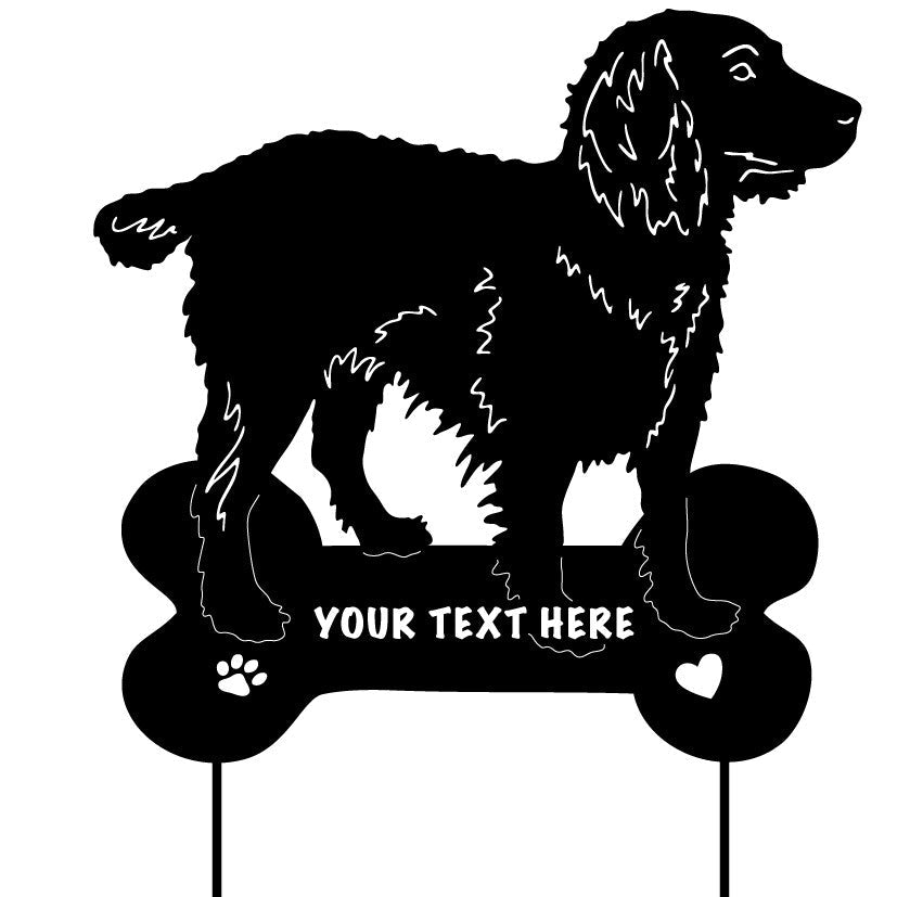 Boykin Spaniel memorial stake in black metal with text on bone base; Rustica Ornamentals on Tampa Home & Garden Store