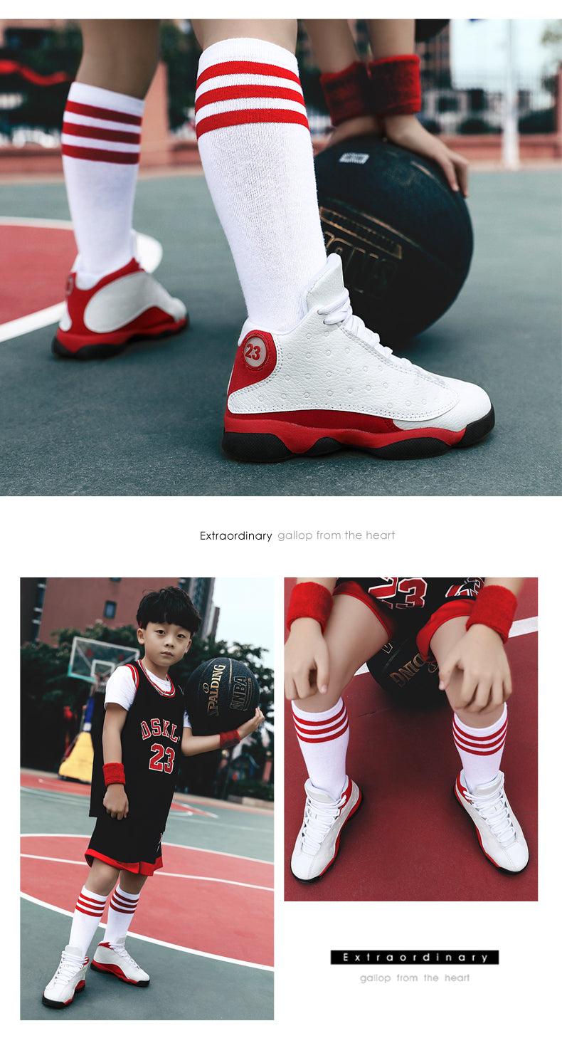 Stevvex kids basketball shoes white with red accents, pair on court on Tampa Home & Garden Store