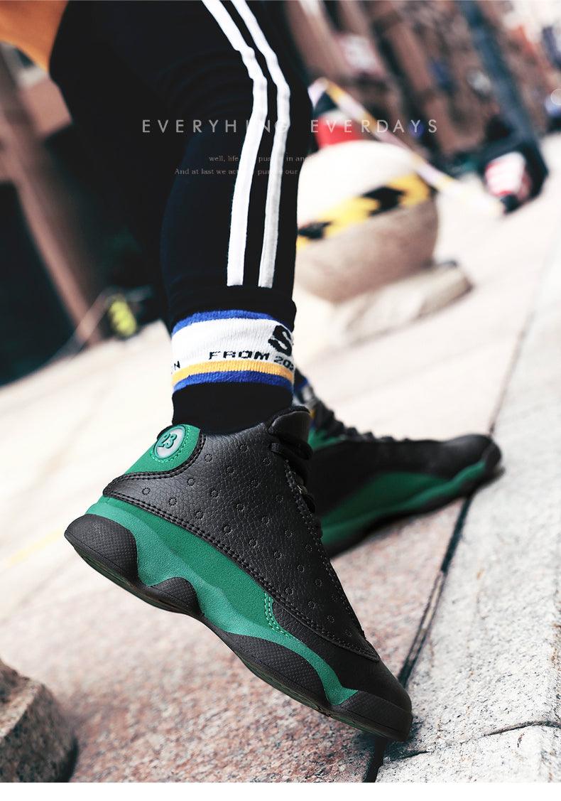 Stevvex boys basketball shoes black with green accents perforated upper non-slip outsole on Tampa Home & Garden Store
