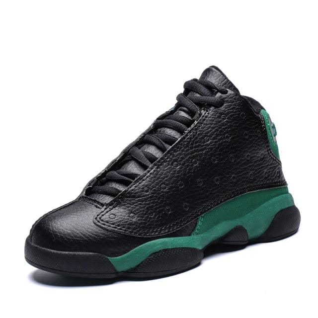 Basketball shoe Stevvex, black pebbled leather high-top with green midsole on Tampa Home & Garden Store
