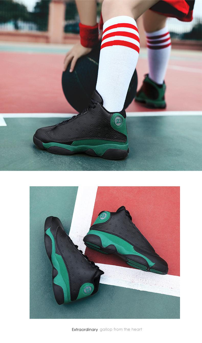 Stevvex boys basketball shoes, black with green accents, non-slip outsole on Tampa Home & Garden Store