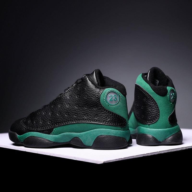 Stevvex basketball shoes black textured leather upper with green accents non-slip outsole on Tampa Home & Garden Store