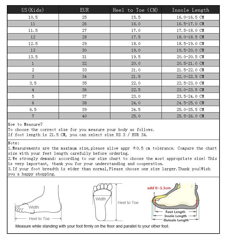 Stevvex basketball shoes size chart for boys/kids with US to EU sizes and measurement diagrams on Tampa Home & Garden Store