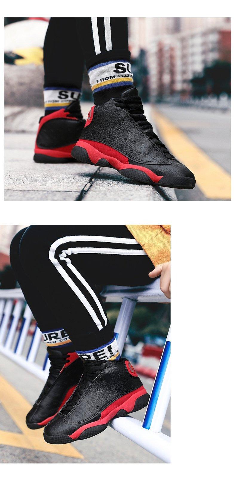 Stevvex boys basketball shoes black and red high-top sneakers with non-slip sole two-angle views on Tampa Home & Garden Store