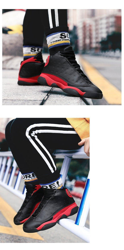 Stevvex boys basketball shoes black and red high-top sneakers with non-slip sole two-angle views on Tampa Home & Garden Store