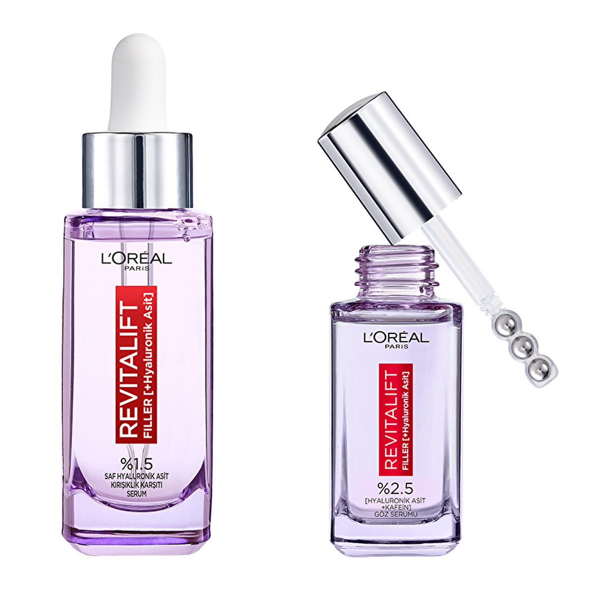 L’Oréal Paris Revitalift hyaluronic acid serum set with purple serums, pump and dropper bottles on Tampa Home & Garden Store