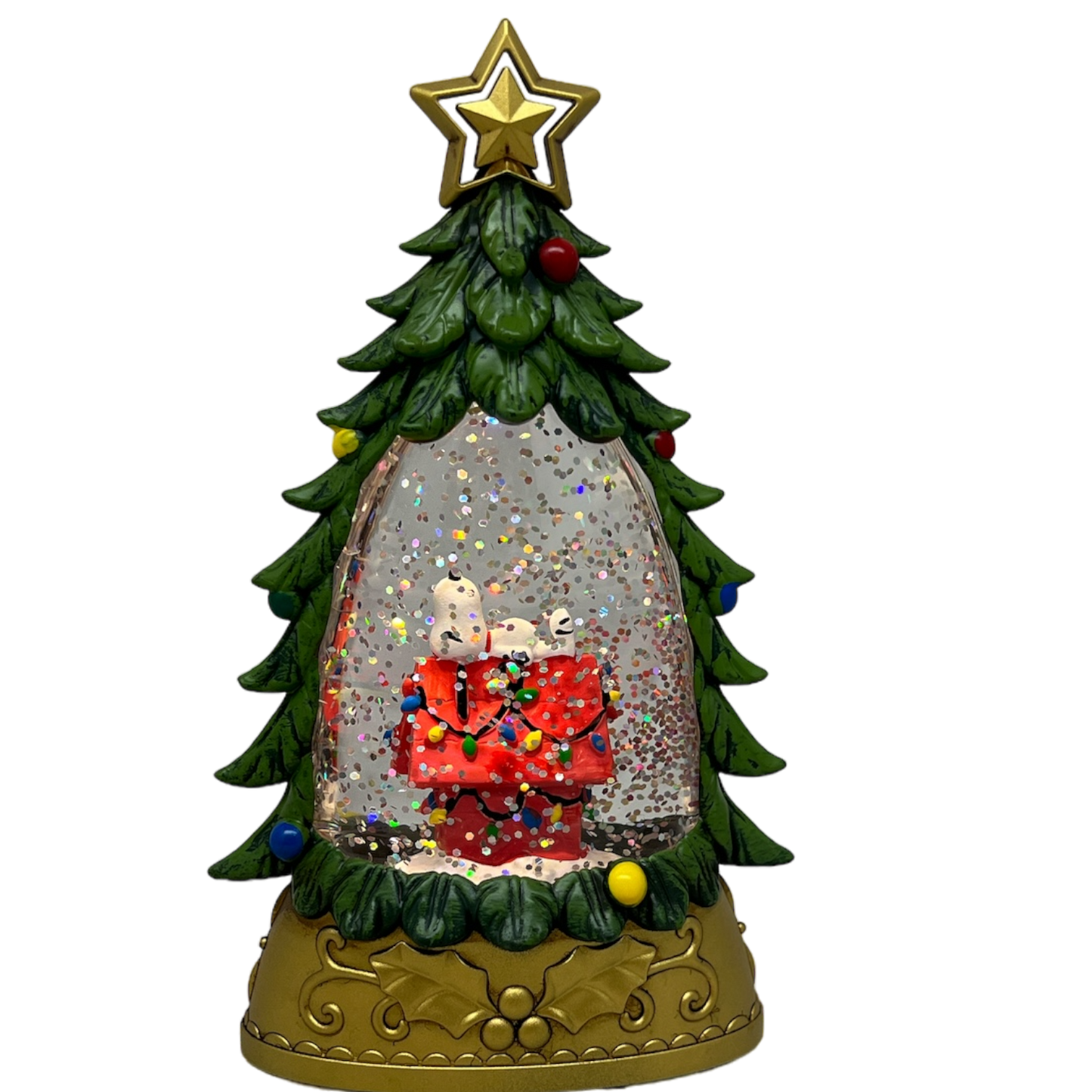 Lighted Snoopy Shimmer Tree snowglobe with Snoopy on doghouse inside glitter dome on Tampa Home & Garden Store