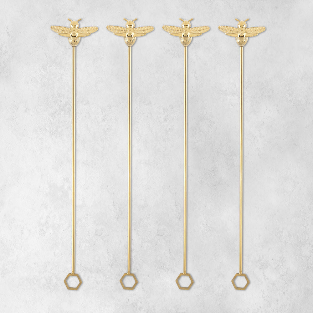 Bumble Bee Stir Sticks by Twine Living, gold bee toppers on stems with hex ends, set of 4 on Tampa Home & Garden Store