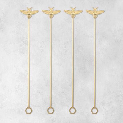 Bumble Bee Stir Sticks by Twine Living, gold bee toppers on stems with hex ends, set of 4 on Tampa Home & Garden Store