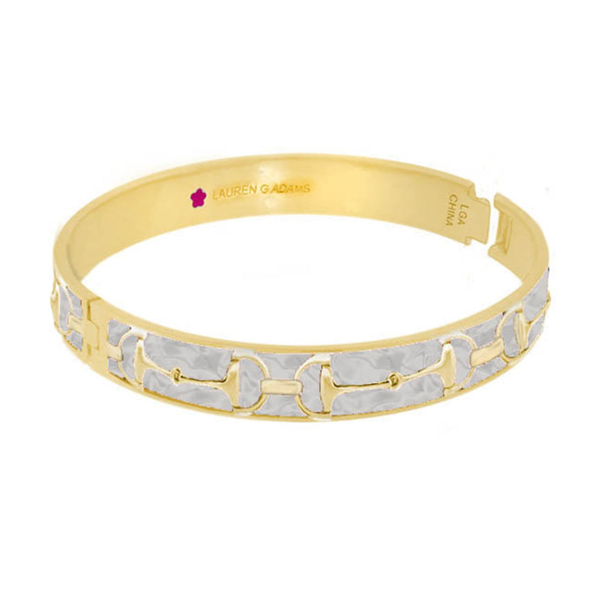 Equestrian Stirrup Bangle by Lauren G Adams gold tone bracelet with gray inlays hinged lock on Tampa Home & Garden Store