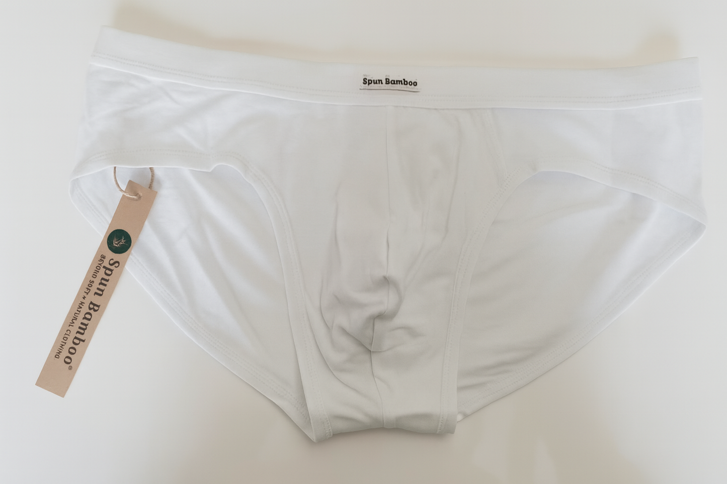Men's bamboo viscose briefs by Spun Bamboo, white fabric with tag attached on Tampa Home & Garden Store