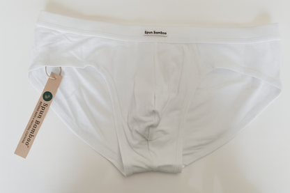 Men's bamboo viscose briefs by Spun Bamboo, white fabric with tag attached on Tampa Home & Garden Store