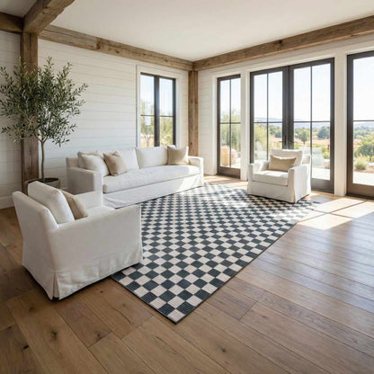 Kaysar Oil Green Checkered Washable Area Rug by Boutique Rugs in a bright living room setup on Tampa Home & Garden Store