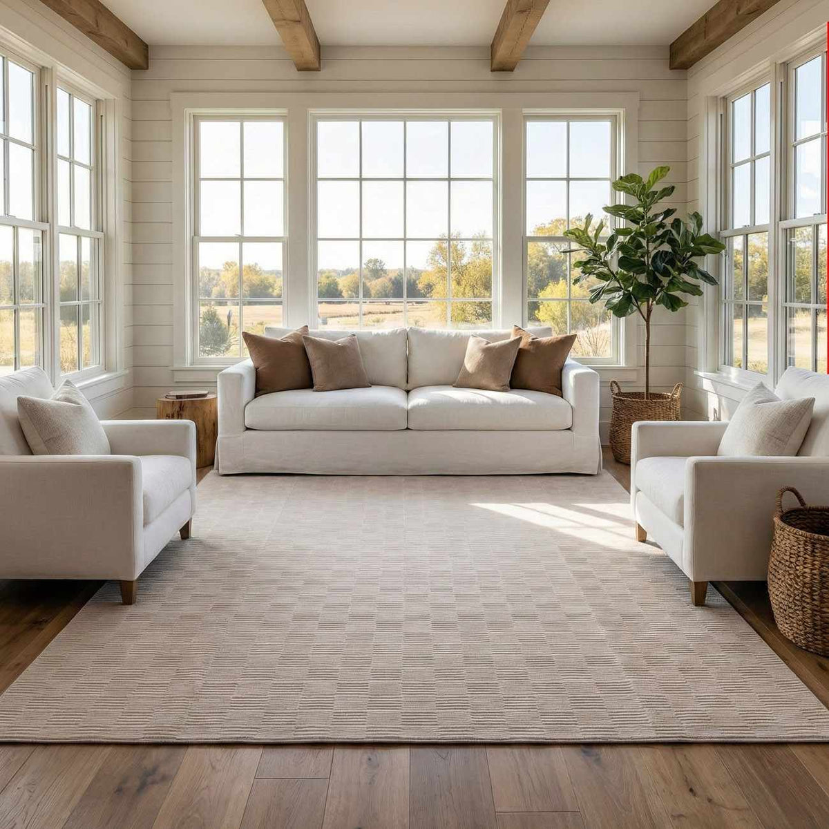 Kazuma Cream Checkered Washable Area Rug by Boutique Rugs in a bright living room on Tampa Home & Garden Store