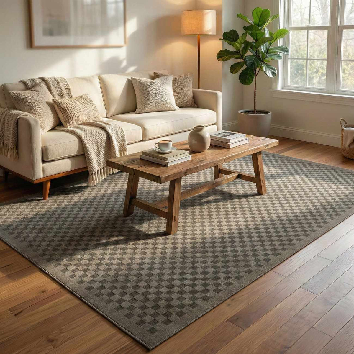 Gaiwan Olive Green washable area rug Boutique Rugs in a cozy living room with beige sofa on Tampa Home & Garden Store