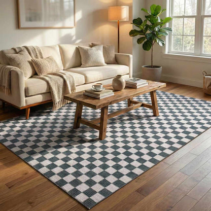 Kaysar Oil Green Checkered Washable Area Rug in a living room with beige sofa Boutique Rugs on Tampa Home & Garden Store