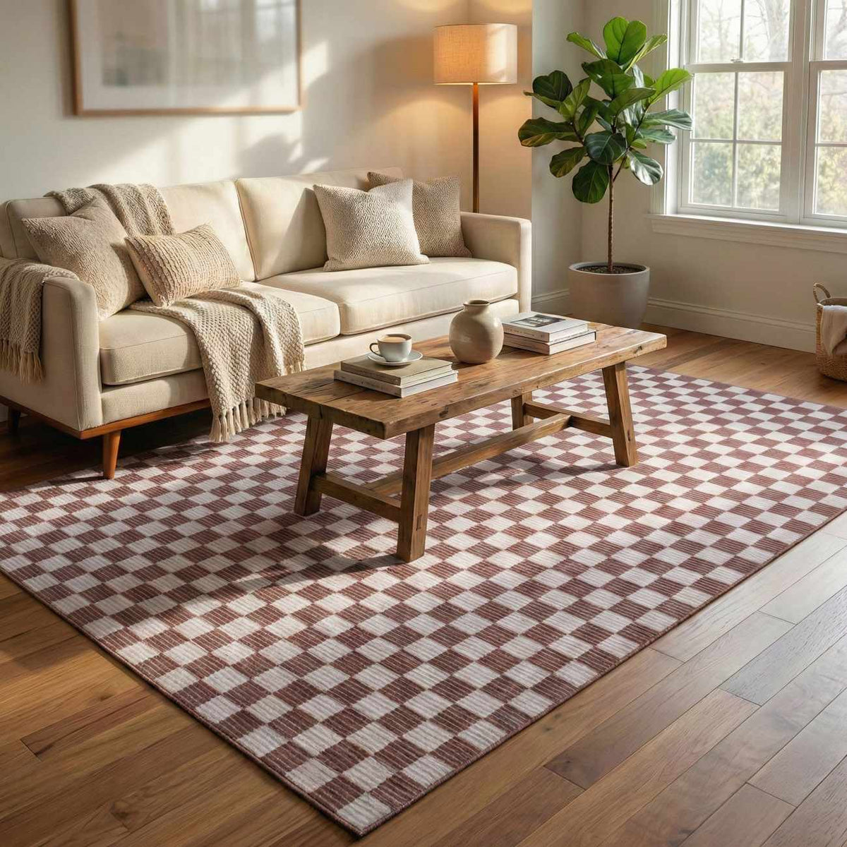 Kaysar Brown Checkered Washable Area Rug by Boutique Rugs in a cozy living room on Tampa Home & Garden Store
