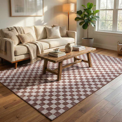 Kaysar Brown Checkered Washable Area Rug by Boutique Rugs in a cozy living room on Tampa Home & Garden Store