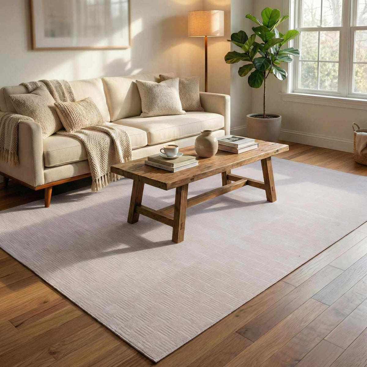 Kazuma Cream Checkered Washable Area Rug by Boutique Rugs in a neutral living room on Tampa Home & Garden Store