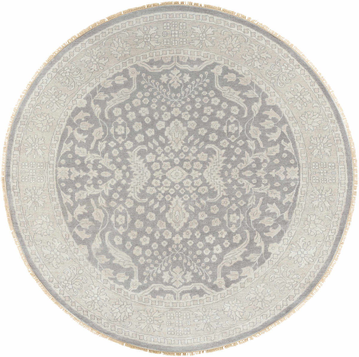 Bradfordsville Premium Rug round grey-blue with ivory floral pattern and fringe by Boutique Rugs on Tampa Home & Garden Store