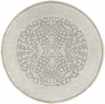 Bradfordsville Premium Rug round grey-blue with ivory floral pattern and fringe by Boutique Rugs on Tampa Home & Garden Store