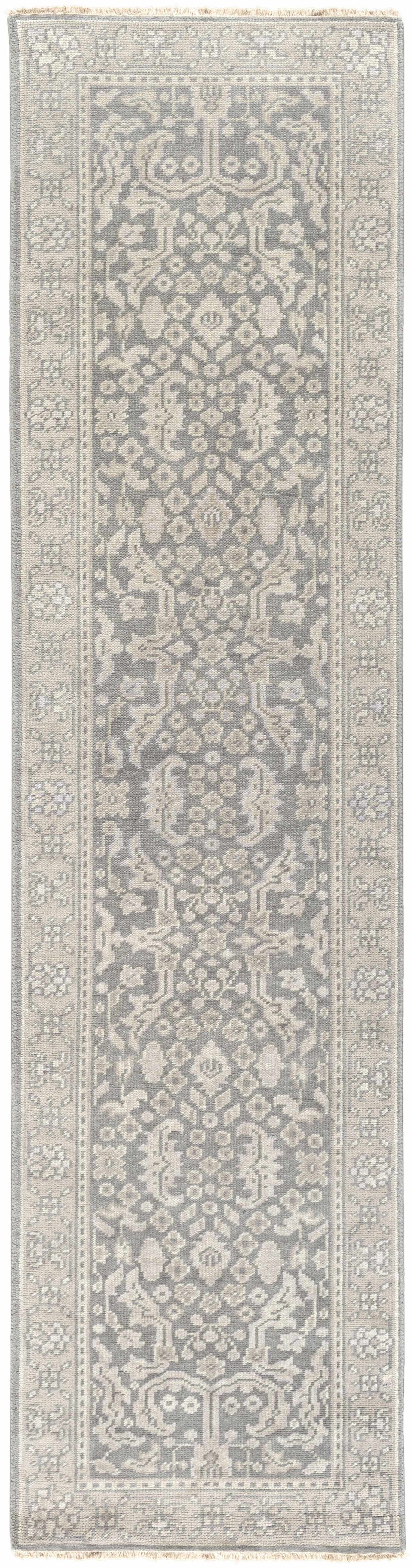 Bradfordsville Premium Rug by Boutique Rugs in gray and cream with floral medallion fringe on Tampa Home & Garden Store