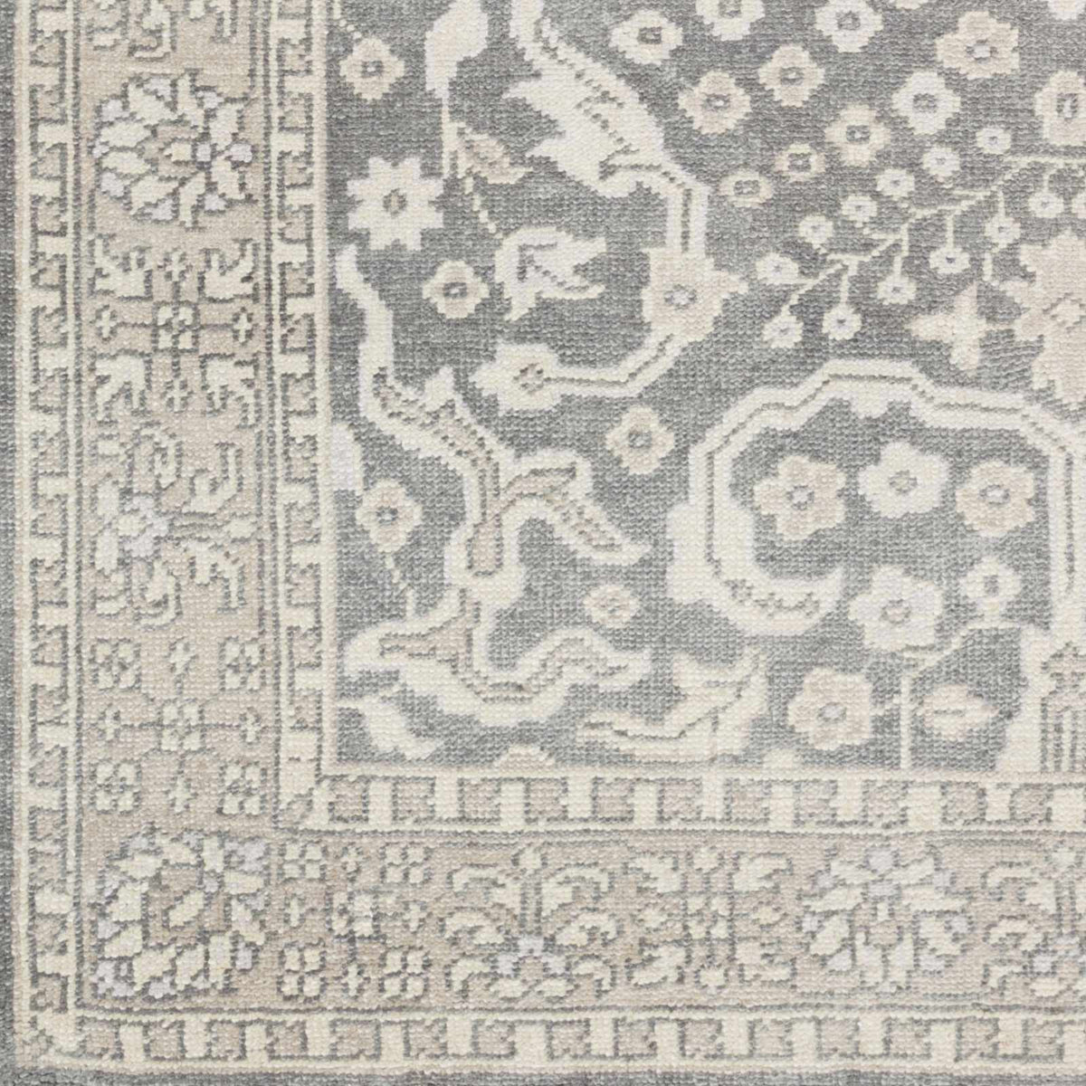Bradfordsville Premium Rug by Boutique Rugs in grey ivory with floral motif and border on Tampa Home & Garden Store