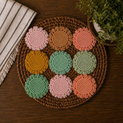 Sous-verres tressés à pompons pastel