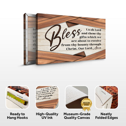 Bless Us Oh Lord Faith Sign canvas by Tailored Canvases; wood plank backdrop with Bible verse on Tampa Home & Garden Store