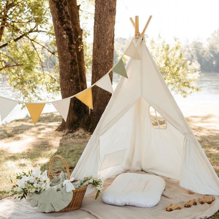 Tiny Land INC Teepee Tent with Mat, white fabric play tent with floor mat by lake bunting on Tampa Home & Garden Store