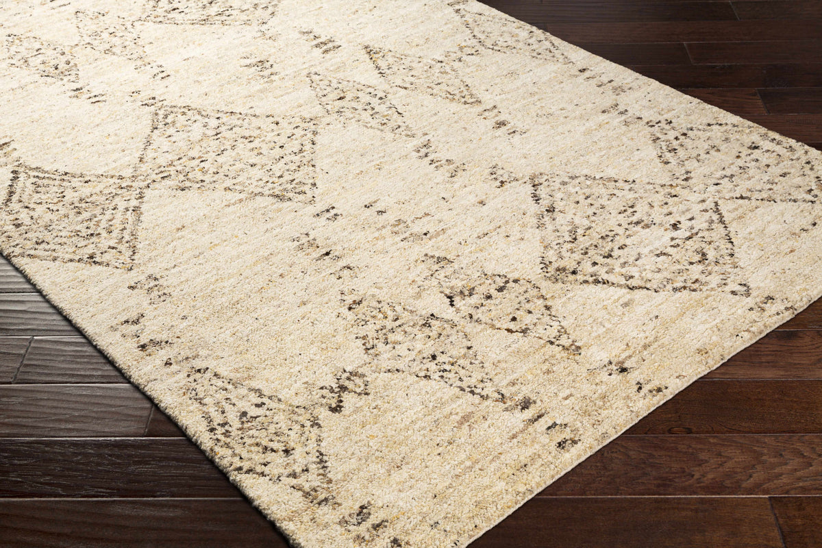 Bordertown Hand Knotted Wool Rug by Boutique Rugs, cream with gray pattern, clearance rug on Tampa Home & Garden Store