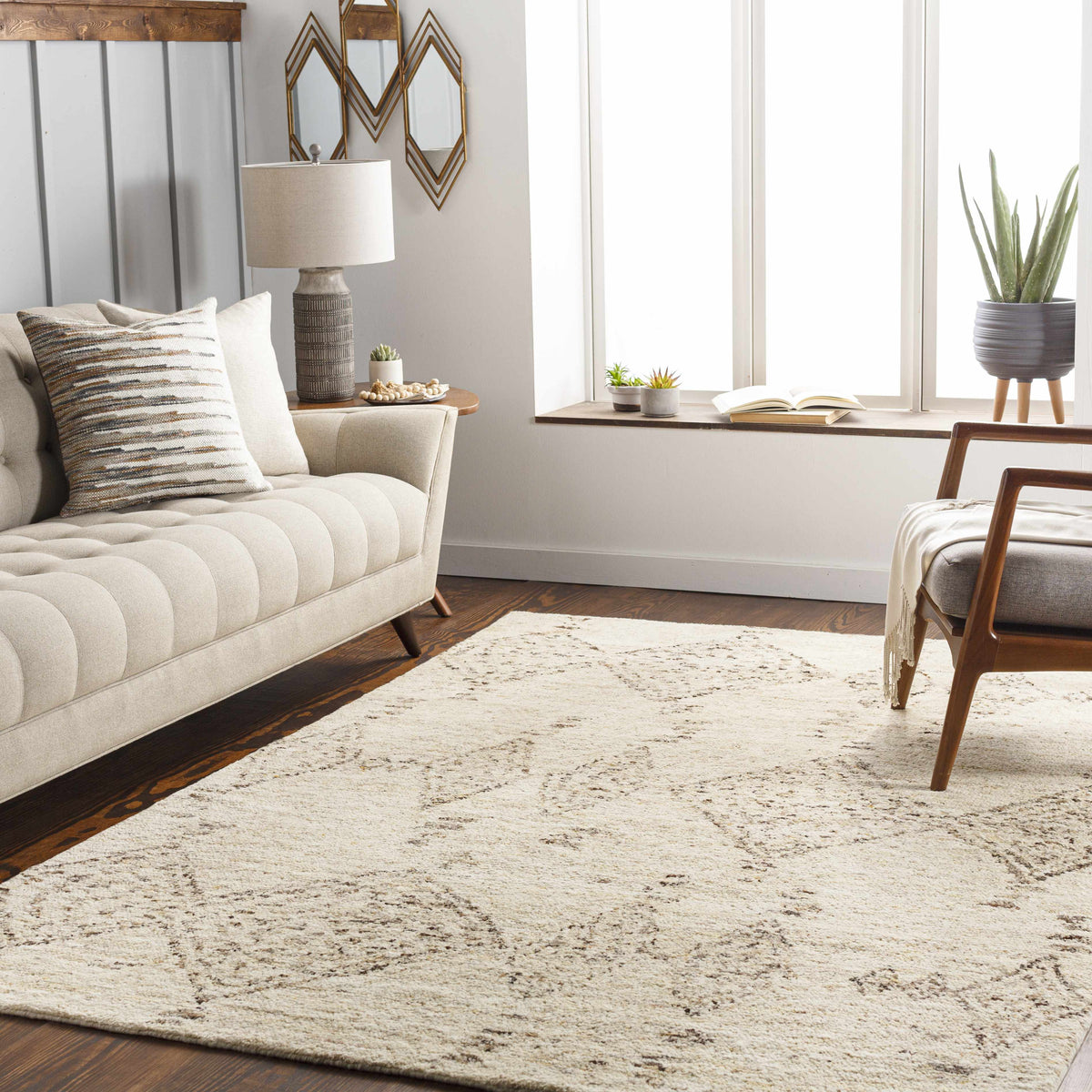 Bordertown Hand Knotted Wool Rug by Boutique Rugs, Clearance, ivory beige with textured pile on Tampa Home & Garden Store