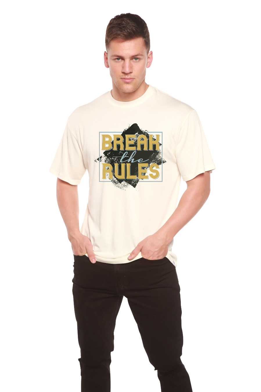 Break the Rules men's bamboo tee with gold text over black splash on cream shirt Spun Bamboo on Tampa Home & Garden Store