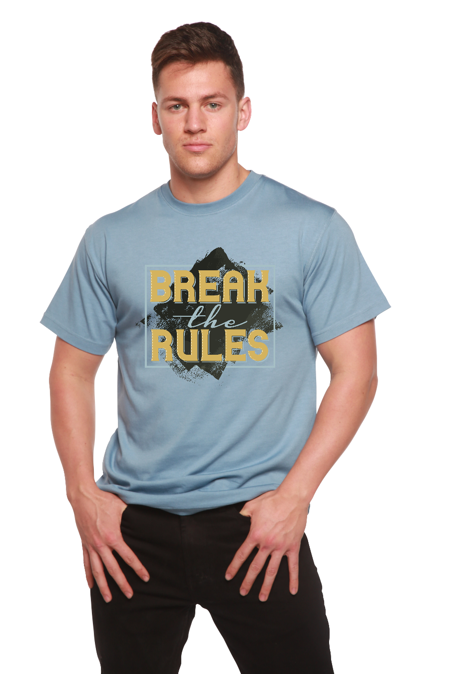 Break the Rules men's bamboo viscose/organic cotton graphic tee, light blue with gold text on Tampa Home & Garden Store