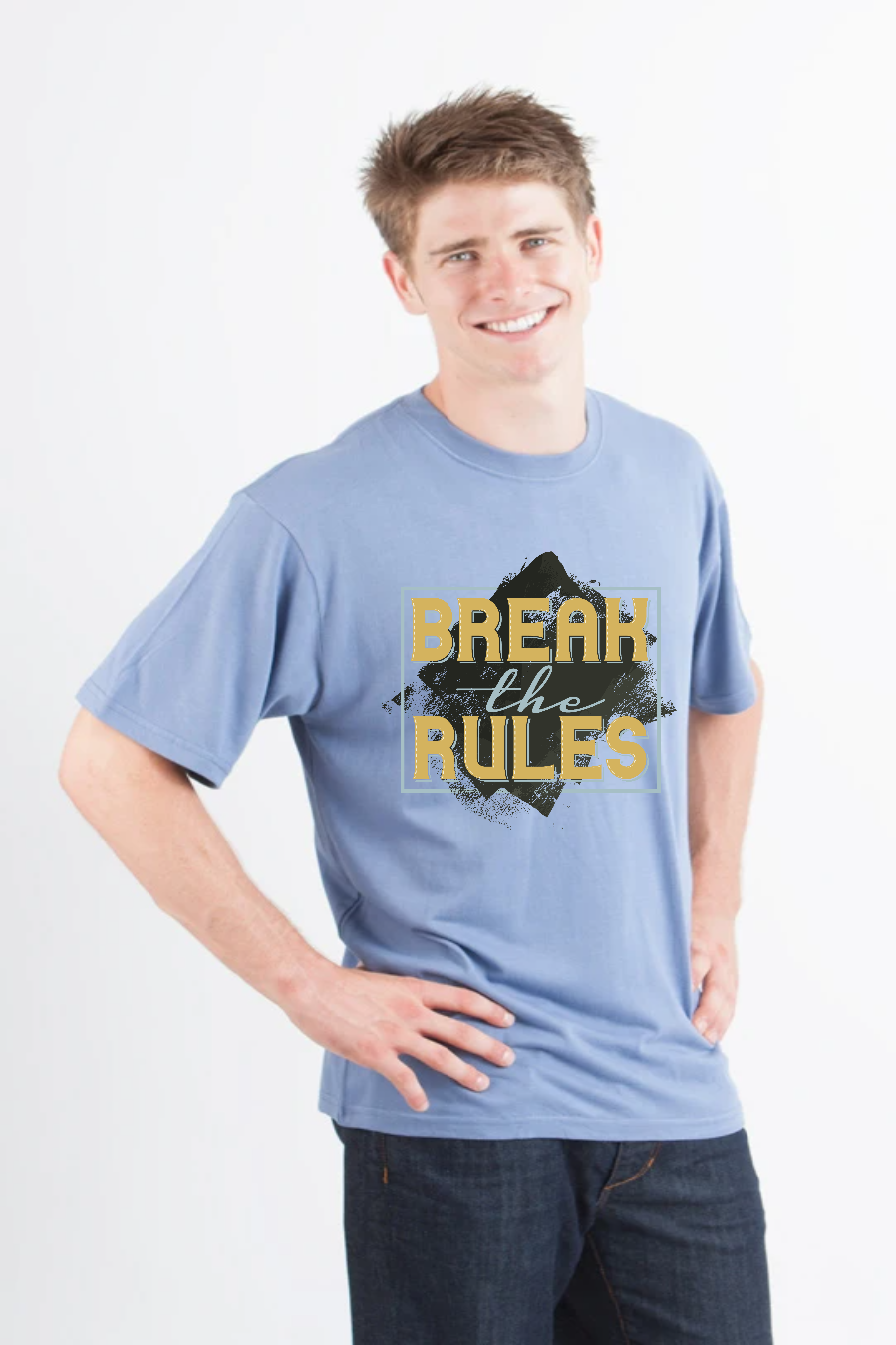 Break the Rules bamboo viscose/organic cotton tee in light blue with gold text Spun Bamboo on Tampa Home & Garden Store