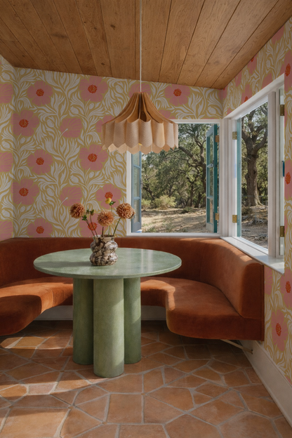 Matilija Wallpaper, butter yellow, pink & white