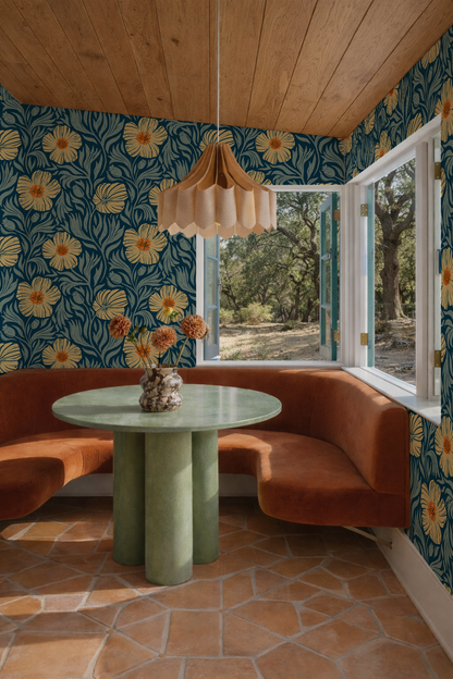 Matilija Wallpaper, navy, orange & mint
