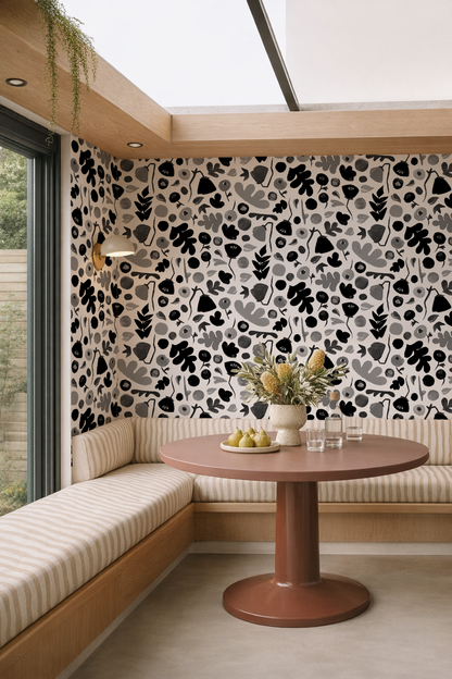 Papel pintado floral Henri, blanco y negro