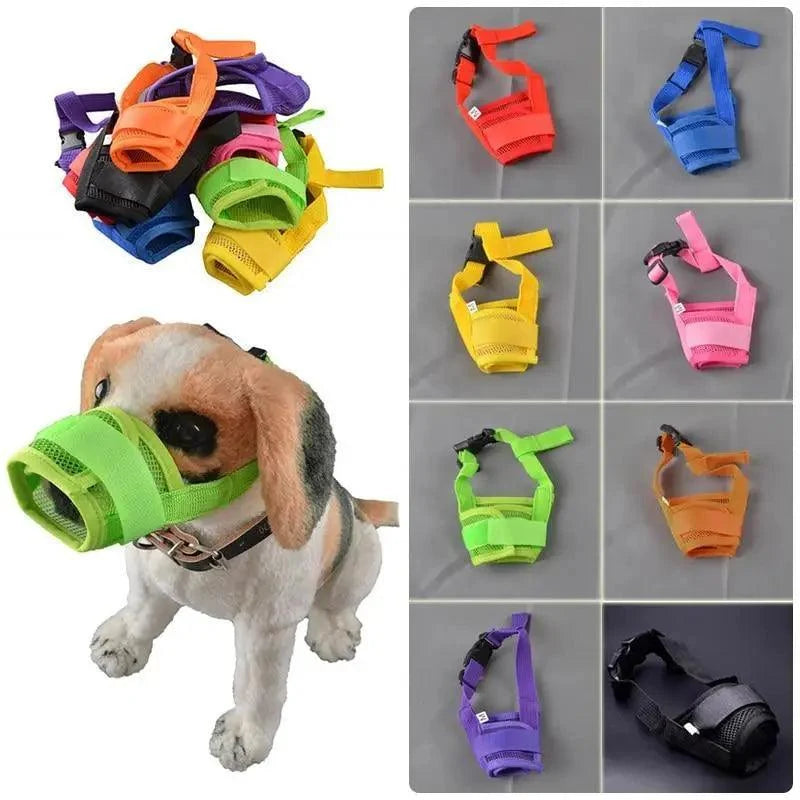 Stevvex breathable adjustable dog muzzle nylon straps anti bark; multi-color set shown on Tampa Home & Garden Store