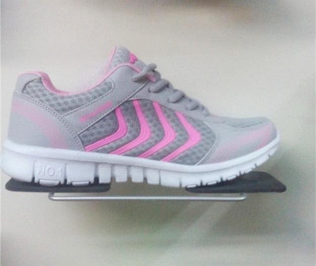 Breathable Stevvex women sneakers gray mesh pink accents lace-up athletic casual shoes white sole on Tampa Home & Garden Store