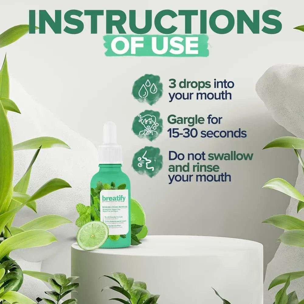 Breatify Bad Breath Eliminating Serum bottle Beauty Care Bag, green dropper with mint and lime, pedestal on Tampa Home & Garden Store