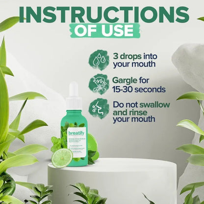 Breatify Bad Breath Eliminating Serum bottle Beauty Care Bag, green dropper with mint and lime, pedestal on Tampa Home & Garden Store
