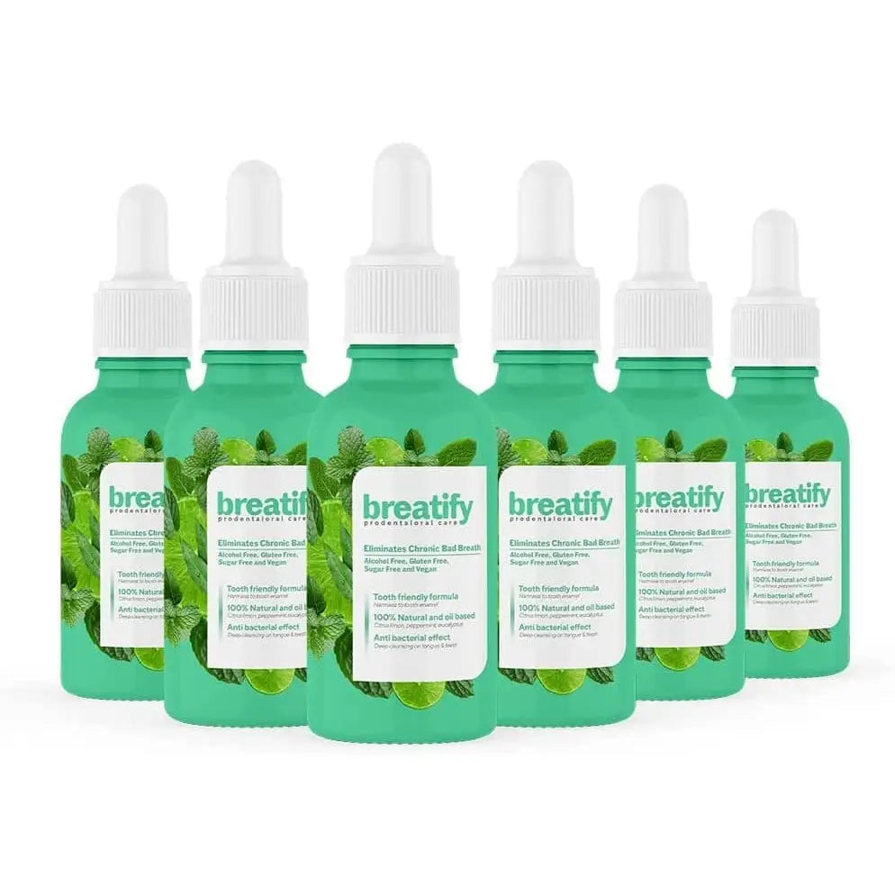 Breatify breath spray bottles, seven green bottles with white dropper caps, Beauty Care Bag on Tampa Home & Garden Store